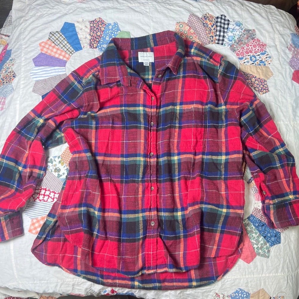 American‎ Eagle Boyfriend Fit Red Plaid Flannel Button Down Shirt Womens XL